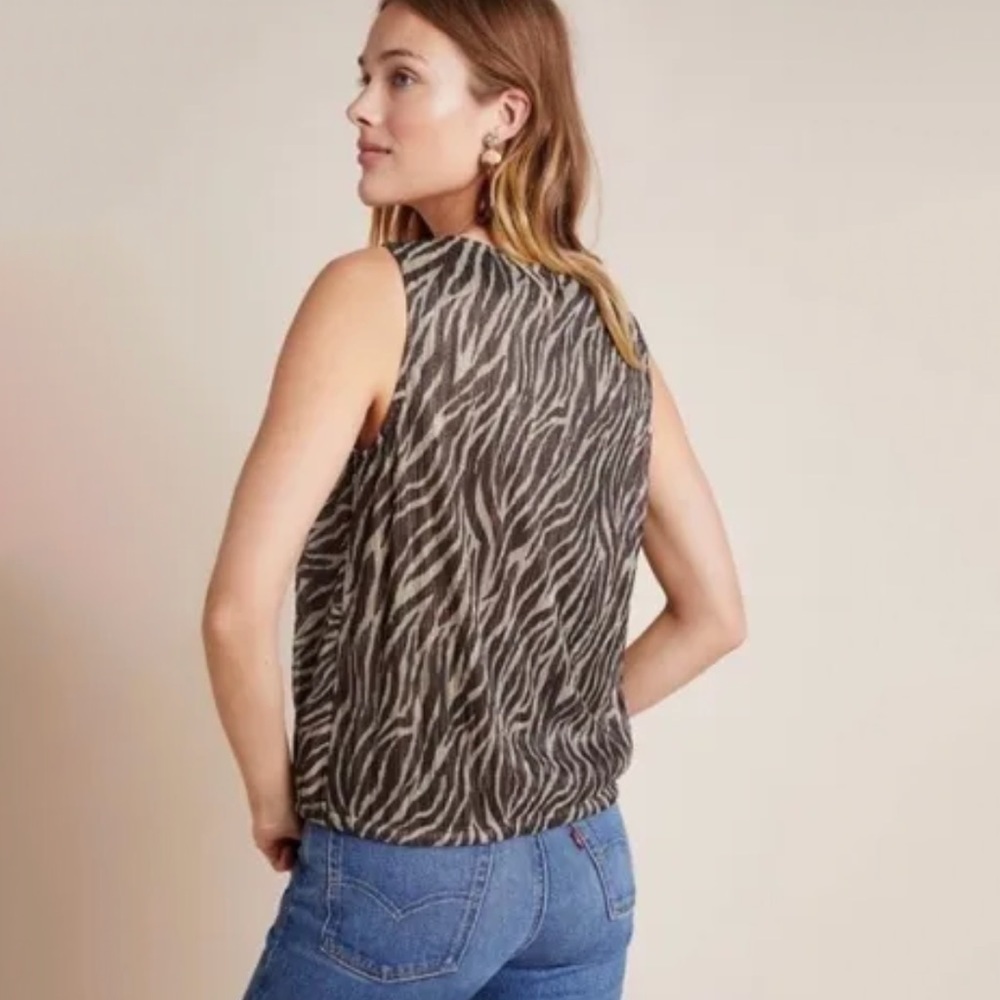 NWT Anthropologie Eri + Ali Kasi Shimmer Faux Wrap Zebra Print Sleeveless Top - Picture 3 of 7
